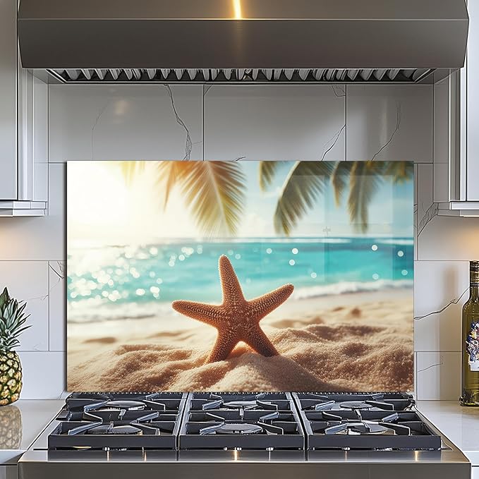 Evgosm Tempered Glass Backsplash for Kitchen， Stove Splashback, beach Glass Backsplash, Used for Kitchen Wall Protection and Decoration, Easy to Install and Clean. (30x20'')