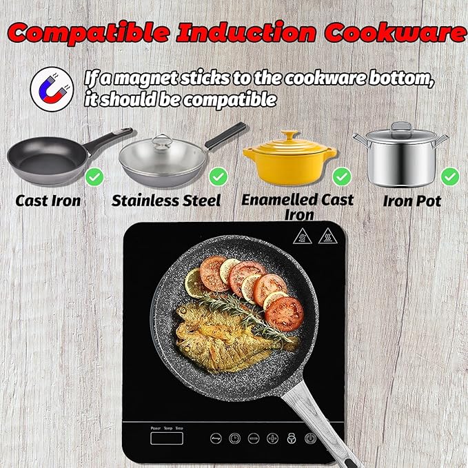 Portable Single Induction Cooktop Hot Plate Countertop Burner Cooker 1 Burner, 1800W, 9 Power Levels, 10 Temp Levels, Timer, Auto-Shut-Off, Touch Panel, LED Display, Child Lock, Black