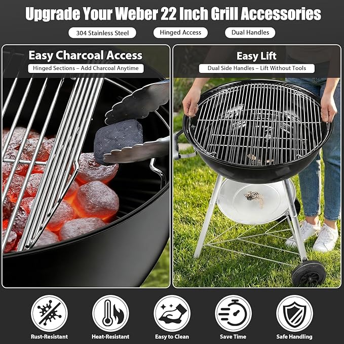 Uniflasy for Weber 22 Inch Hinged Cooking Grate – 304 Stainless Steel Grill Grate Replacement, Fits Original Kettle, Master-Touch, Performer & Bar-B-Kettle Charcoal Grills (21.5" Round)