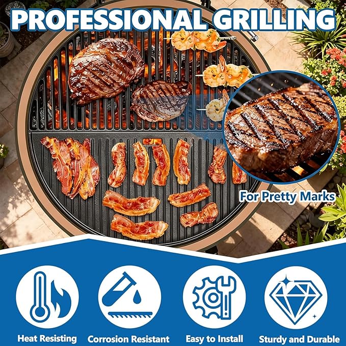 SafBbcue 18" Griddle & Grate for Kamado Joe Grill Parts Classic I, II, III Series Large Big Green Egg Grate, Vision Grill VGKSS-CC2 Accessories and Other Kamado Grill Cast Iron