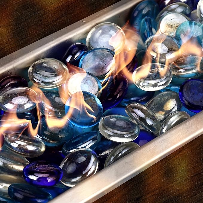 Mr. Fireglass 10 Pound Blended Fire Glass Beads, 1/2" High Luster Mixed Colored Fire Glass Drops for Fireplace Fire Pit & Lanscaping, Cobalt Blue, Crystal Ice, Caribbean Blue (Pack of 2)