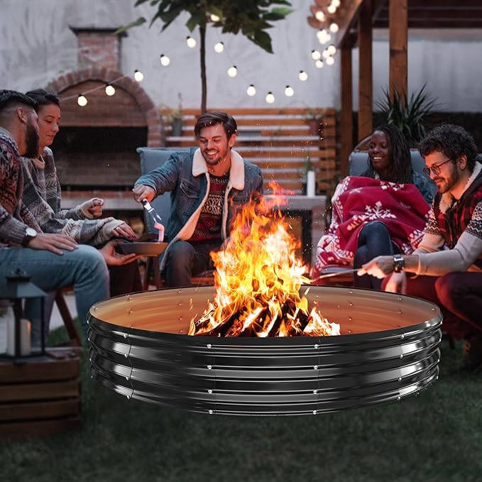 YSEJOMP 72 Inch Round Galvanized Fire Pit Ring/Fire Ring - Foldable and Perfect for Outdoor Gatherings and Campfires in The Yard/Garden/Park/Beach (Black+Gray, 6 FT Diameter+1 FT Tall)