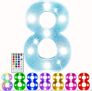 Pooqla Colorful Marquee Numbers with Remote, RGB Light Up Numbers, Glitter LED Lighted Number 8 for Birthday Decoration Battery Powered, Christmas Gift for Boys Girls Wedding Shiny Party Decoration
