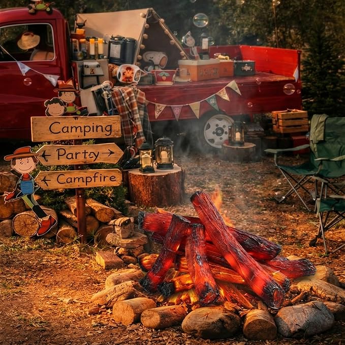 Tuanse 10 Pcs 9 in, 16 in Flameless Fake Fire Log Spring Summer Beach Camping Themed Party Decorations Fake Campfire Battery Operated Artificial Fire Pit for 4th of July Easter Party Decor