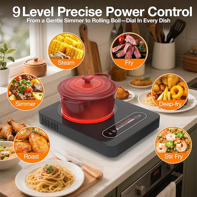 ANHANE 1800W Electric Cooktop, 11 Inch Portable Single Burner with Timer & Child Lock - 110-120V Compact Countertop Stove for Everyday Cooking in Kitchen, Dorm, RV or Office