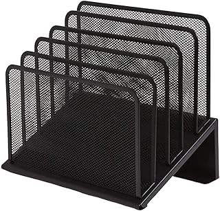 1InTheOffice Metal Mesh File Organizer, Black Wire Mesh 5 Section Incline Sorter, Black Finish