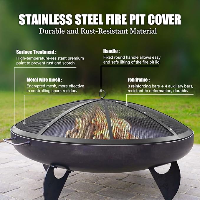 Fire Pit Spark Screen, 22 Inch Fire Pit Screen with Handle & Poker, Heavy-Duty Steel Fire Pit Cover Round Mesh Replacement Outdoor Firepit Screen Lid for Backyard/Beach/RV Camping