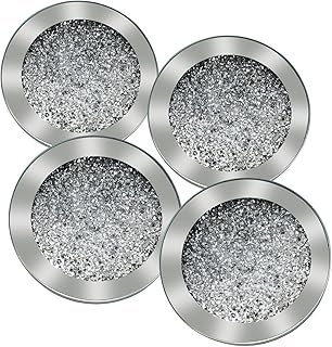 Silver Glass Coasters for Drinks, Set of 4 Round Coaster Kitchen Decor, Glam Silver Coaster for Coffee Table Home Decor Bar Housewarming Gift