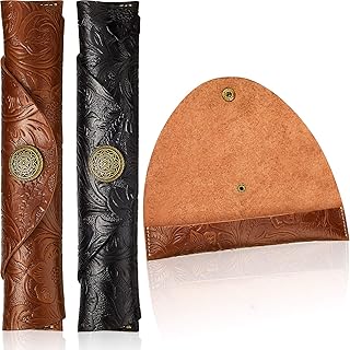 Zonon 2 Pieces Vintage Handmade Leather Pen Case Carved Roll Leather Pen Holder for School Home Office, Brown and Black