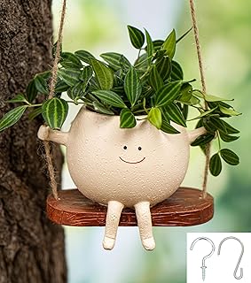 Cute Hanging Planter for Indoor Outdoor Plants,Small Hanging Flower Pots,Face Head Planter, Unique Funny Hanging Plant Pot for Succulents,Plant Gifts for Mother's Day, Birthday, Christmas (Khaki)