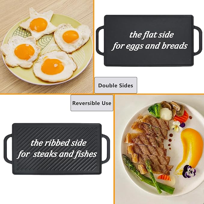 GasSaf Small Cast Iron Griddle 13x8.25 for Double Burner Stove Top, Double Sided Reversible Cooking Pan for Gas Grill Top Outdoor Camping, Gas Stovetop Grill Flat Griddle Pan Cast Iron Kitchen Cooking
