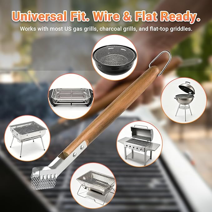 House Again Grill Scraper, Mesh Ring Grill Brush for Wire Grates & Rod Grates, Safe Barbecue Scraper with Long Wooden Handle for Outdoor BBQ & Camping-Griller Gifts for Men