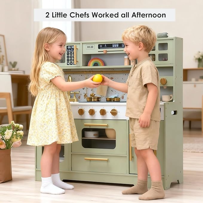 Kids Wooden Play Kitchen Set – Realistic Pretend Play Kitchen with Stove, Sink, Coffee Maker, Ice Maker & 15 Fun Accessories | Montessori-Inspired Toy Kitchen for Toddlers Ages 3+