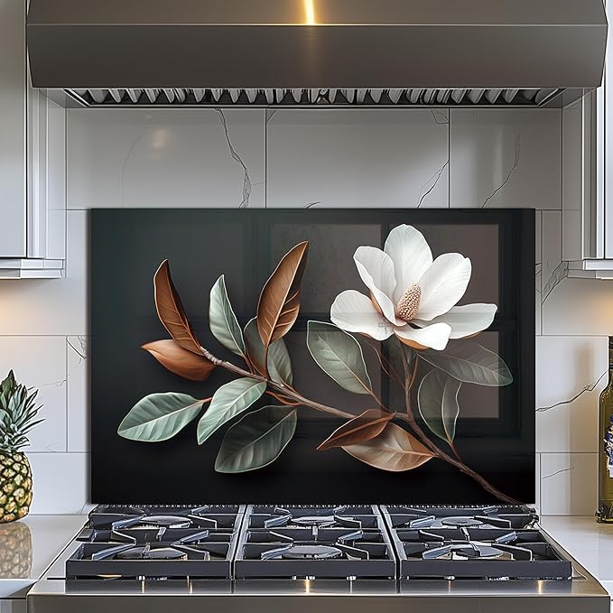 Evgosm Tempered Glass Backsplash for Kitchen， Stove Splashback, Flowers Glass Backsplash, Used for Kitchen Wall Protection and Decoration, Easy to Install and Clean. (30x20'')