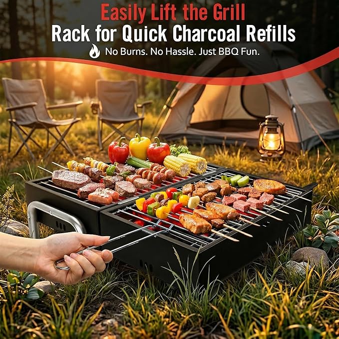 Portable Charcoal Grill, Table Top Small BBQ Grill For Outdoor, Camping, Beach, Easy Assembly, Heavy Duty & Multi-Use Small Grill, Black (270 Sq.In)