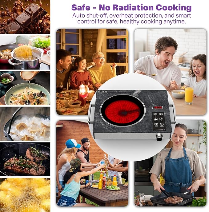 1800W Single Burner Electric Cooktop, Portable Infrared Ceramic Hot Plate with Marble Glass, Touch & Knob Control, Plug-in Stove for All Flat Cookware