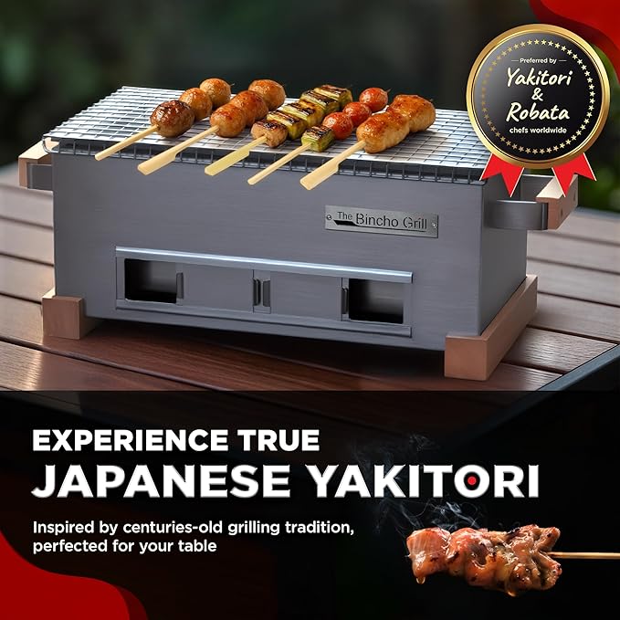 The Bincho Grill 16" Mini Yakitori Grill – Stainless Steel Mini Tabletop Charcoal BBQ with Charcoal Box, Optimized Airflow & Cool-Touch Base - Perfect for Japanese Grilling, Skewers, Meat, Seafood