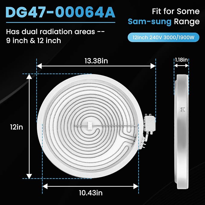 12 in DG47-00064A DG47-00056A Electric Range Dual Radiant Surface Element Fit for Sam-Sung NE58, NE59, NE63 Series Electric Stove, Replaces AP5986691 EAP11729066 PS11729066 by Fetechmate