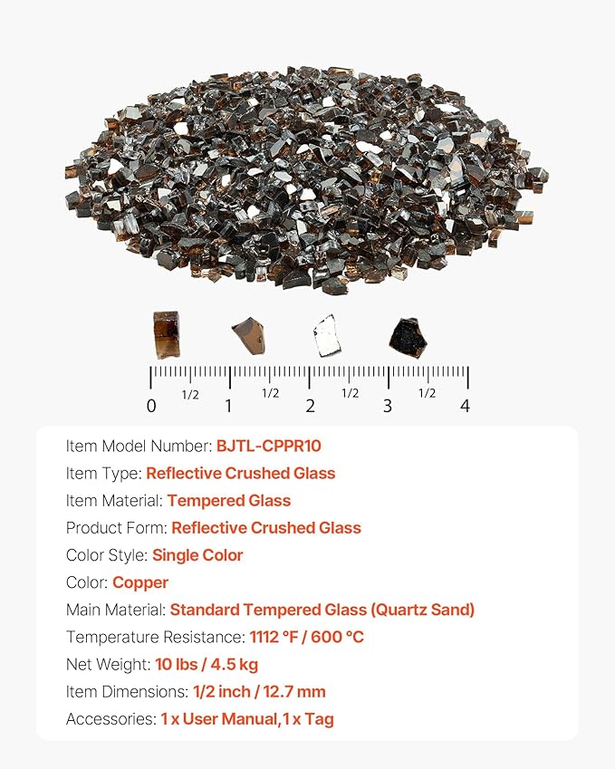 VEVOR Fire Glass, 10 lbs, Copper, 1/2 Inch High-Temperature Resistant Reflective Glass Rocks, Smokeless Fire Pit Stones for Outdoor Table & Landscaping