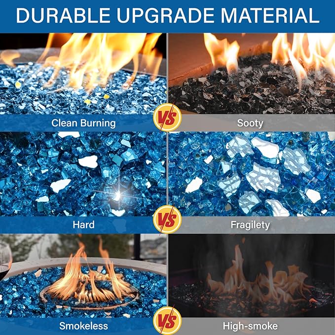 NUPICK 20 Pound Fire Glass, 1/4 Inch Reflective Fire Pit Glass, Tempered Firepit Glass Rock for Propane or Natural Gas, Glass Rocks for Fire Pit Table or Fireplace, Pacific Blue Reflective