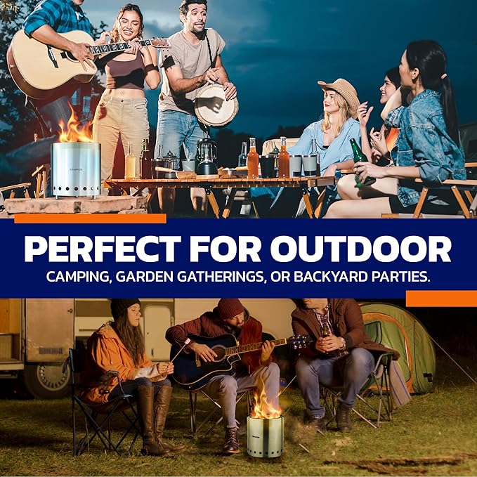 CAMPIOR Wood Burning Fire Pit Stove with Black Exterior - Smokeless Outdoor Stove for Efficient Wood Fires, Camping, and Gatherings, Stainless Steel with Removable Ash Pan, Stand and Carry Bag