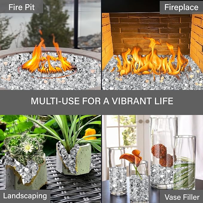 NUPICK 5 Pound Fire Glass, 1/4 Inch Reflective Fire Pit Glass, Tempered Firepit Glass Rock for Propane or Natural Gas, Glass Rocks for Fire Pit Table, Fireplace Glass for Landscaping, Clear