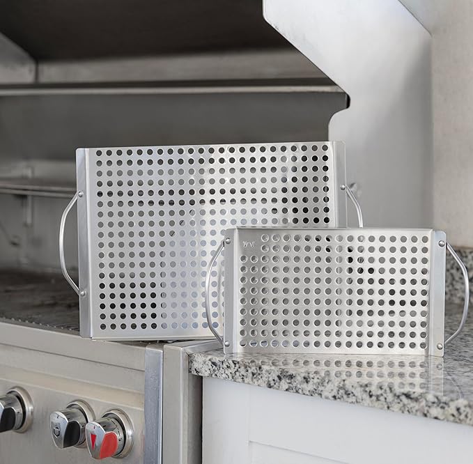Outset Stainless Steel Grill Topper Grid, Set of 2, 11"x7" and 11"x17" BBQ Basket Trays