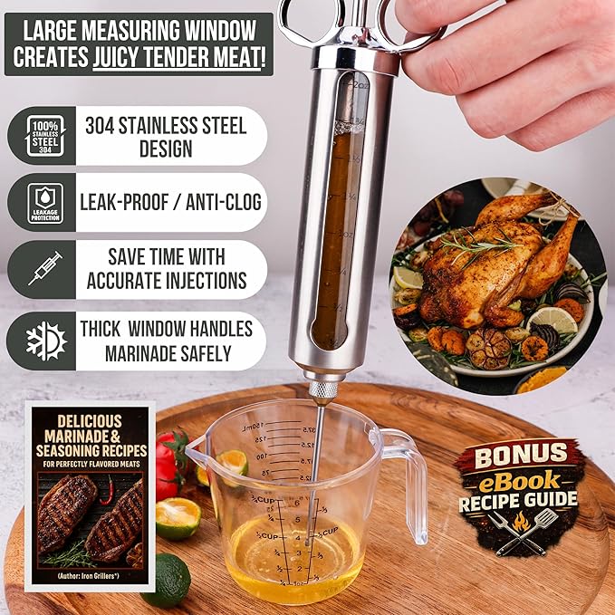 Professional Meat Injector Marinade Syringe Kit for Smoking & Grilling Turkey, Brisket & BBQ - Large 2 Oz Visible Stainless Steel Capacity - Never Leaks or Clogs + Safe Grill Cleaner & Flavor Brush