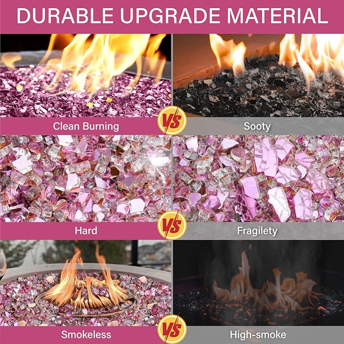 NUPICK 5 Pound Fire Glass, 1/4 Inch Reflective Fire Pit Glass, Tempered Firepit Glass Rock for Propane or Natural Gas, Glass Rocks for Fire Pit Table, Fireplace Glass for Landscaping, Pink
