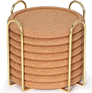 Cork Coasters for Drinks with Metal Holder, GOH DODD Absorbent Blank Coasters Tabletop Protection Home Decor for Housewarming Gifts Wedding Laser Engraving Wood Burning, Set of 8, Round, 4 Inch
