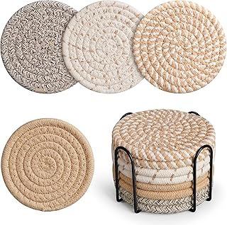 Drink Coasters with Holder, 4 Colors Absorbent Coasters, Cotton Woven Coaster Set of 8 for Table Protection, Home Decor, Housewarming Gift