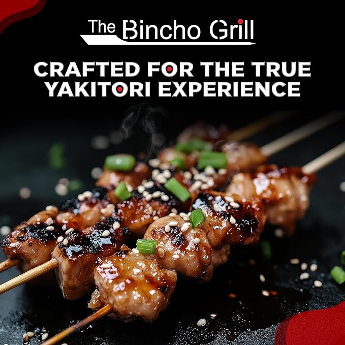 The Bincho Grill 16" Mini Yakitori Grill – Stainless Steel Mini Tabletop Charcoal BBQ with Charcoal Box, Optimized Airflow & Cool-Touch Base - Perfect for Japanese Grilling, Skewers, Meat, Seafood