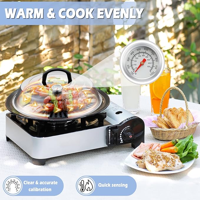 12 Inch Cheese Melting Dome Set of 2, Joyfair Basting Cover for Griddle Grilling Outdoor Camping/Flat Top Teppanyaki, Stainless Steel Lids with Heat-Proof Handle, Dishwasher Safe (with Thermometer)