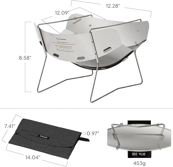 Thous Winds Lightweight Fire Pit, 12-inch Portable Camping Firepit, 453g Outdoor Stainless Steel Camp Grill, Wood Burning Charcoal for BBQ Bushcraft Backpacking, Easy Carry & Storage