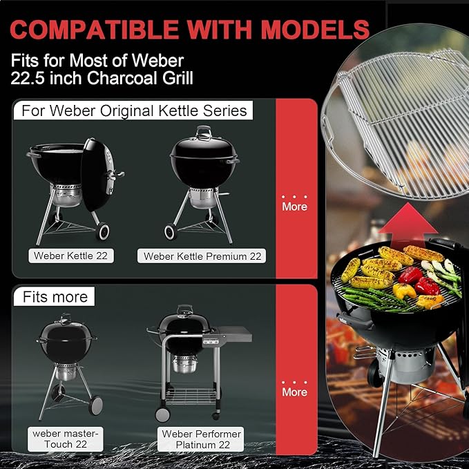 7436 Hinged Cooking Grate for Weber 22 Inch Original Kettle Charcoal Grills, Round Replacement Grate for Weber Performer, Master-Touch, Bar-B-Kettle, Jumbo Joe Premium & Other 22 Inch Charcoal Grills