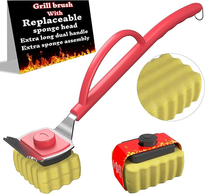 Grill Brush Bristle Free, BBQ Replaceable Cleaning Head with 18" Extended Handle, Unique Seamless-Fit Scraper Tool for Cast Iron/Stainless-Steel Grates, Durable Barbecue Cleaner(Red)