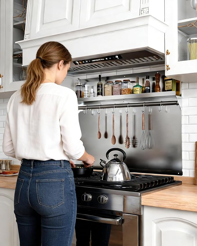 24 x 30 In Stainless Steel Backsplash - Kitchen Wall Splash Guard Behind Stove with Storage Shelf and Hanging Rack, Easy Clean and Installation