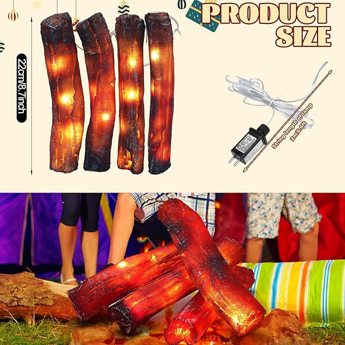 Tuanse 4 Pcs 8.7 in Flameless Fake Fire Log Spring Summer Beach Camping Themed Party Decorations Fake Campfire Battery Operated Artificial Fire Pit for 4th of July Easter Party Decor