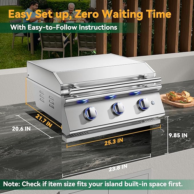 Livory 26 Inch BBQ Head Griddle Grill Combo for Outdoor Kitchen, Natural Gas Built-in Grills for Barbecue Island, 3-Burner, 3 * 14,000 BTU, Premium 304 Stainless Steel, Convertible to Liquid Propane