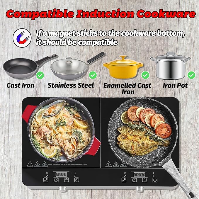 Portable Double Induction Cooktop, 1800W 2-Burner Electric Cooktop, Countertop Stove Top, Hot Plate, Induction Burner with Timer, 10 Temp Levels, Child Lock, 110V-120V Plug, Black