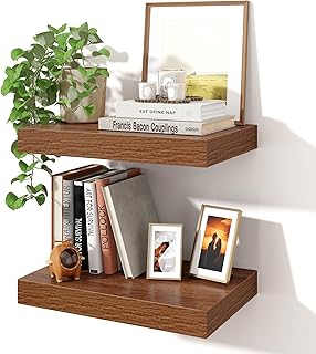 Axeman 16Inch Floating Shelves for Wall, 2 Pack Shelves for Bedroom, Bathroom, Kitchen, Hanging Wall Mounted Rustic Wood Shelf with Invisible Brackets for Books Decor, Walnut