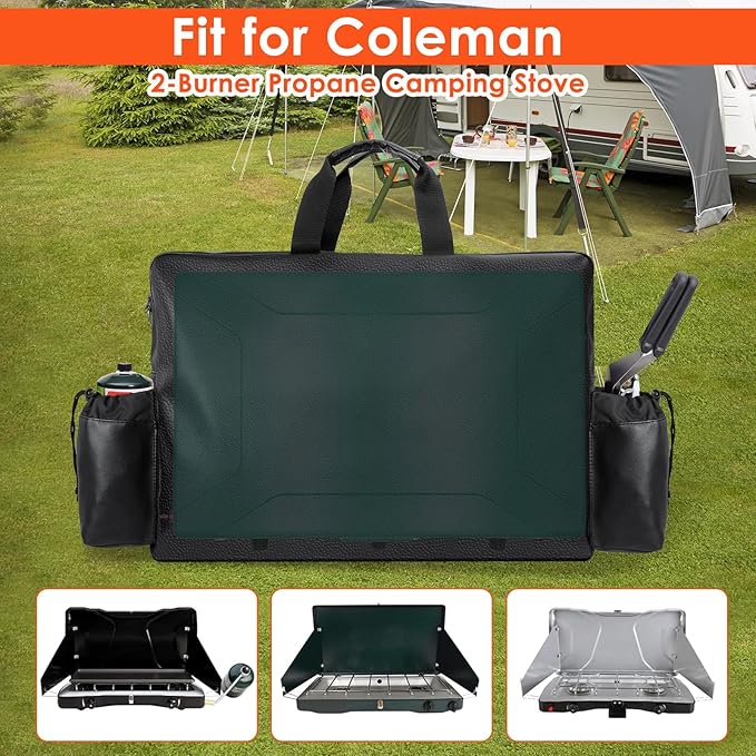 Camping Stove Carrying Case for Coleman Stove, Waterproof Leather Camping Storage Bag for Coleman 2-Burner Gas Stove, Camp Chef Griddle Bag, Portable Camping Stove Case w/ Carry Handle, 2 Side Pockets
