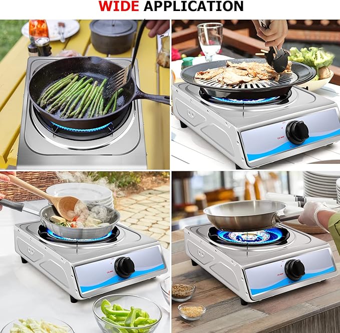 Propane Gas Cooktop，Single Burner Gas Stove Stainless Steel Portable Gas Stove，Auto Ignition Camping Single Burner LPGfor RV, Apartments, Outdoor