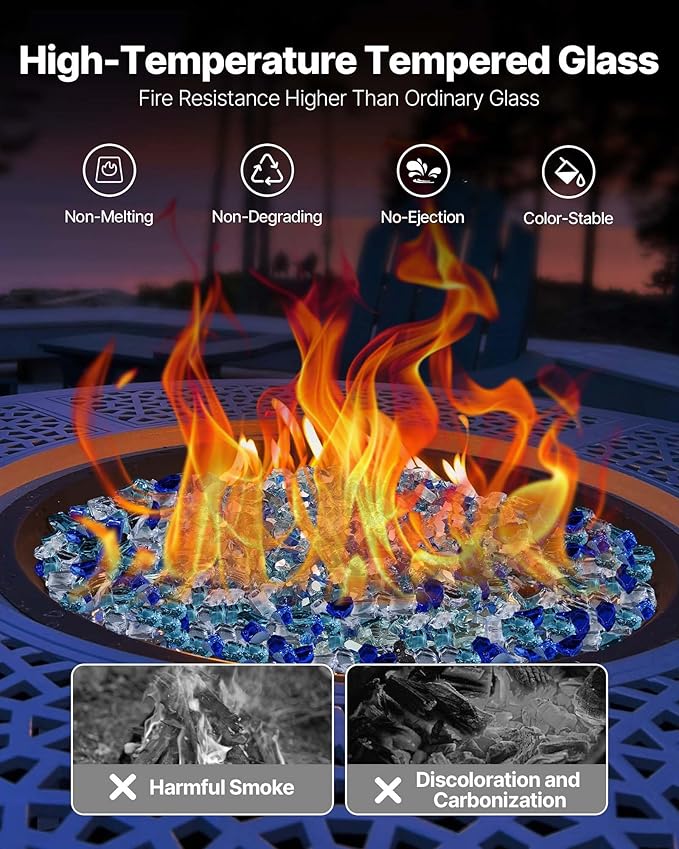 VEVOR Fire Glass, 10 lbs, Cobalt Blue + Aqua Blue + Clear, 1/2 Inch High-Temperature Resistant Reflective Glass Rocks, Smokeless Fire Pit Stones for Outdoor Table & Landscaping