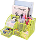 Boutilon Mesh Desk Organizer Desktop Office Supplies Stationary Organizer with 6 Compartments and 1 Drawer Multi-Functional Caddy Pen Holder for Home Office School Desk Decor(Fruit Green)