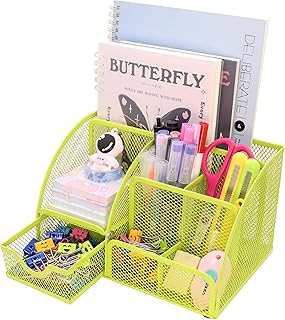 Boutilon Mesh Desk Organizer Desktop Office Supplies Stationary Organizer with 6 Compartments and 1 Drawer Multi-Functional Caddy Pen Holder for Home Office School Desk Decor(Fruit Green)