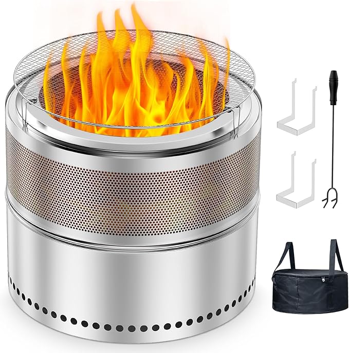 Smokeless Fire Pit with Grill Grate 20 Inch, Portable Stainless Steel Smokeless Firepit, Wood Burning Low Smoke Camping Fire Pit with Ash Pan & Carrying Bag, 360° Airflow, 16.5 lbs for RV & Patio