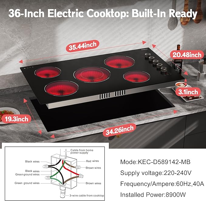 36 Inch Electric Cooktop 5 burner Karienvir, 8900W Built-in Electric Stove Top, Cooktop 36" with Double-ring Burner, Knob & Touch Control, 9 Power Levels, Timer, Safety Lock, 220V-240V Hard Wire