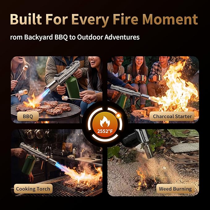 Propane Torch Gun, Adjustable Flame Blow Torch for Cooking, Powerful Grill Torch and BBQ Torch for Charcoal, Fire Torch for Searing Steak, Camping and Outdoor Use (Tank Not Included)