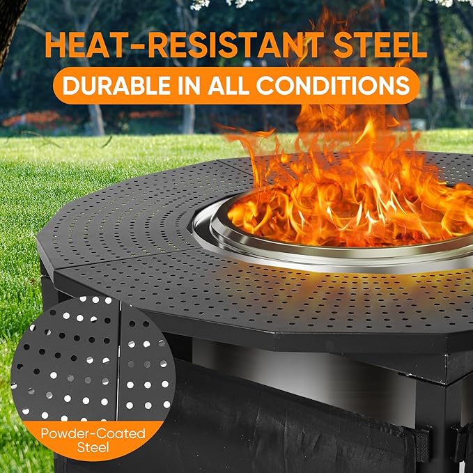 Fire Pit Surround Tabletop for Solo Stove Bonfire – 40" Powder-Coated Carbon Steel Outdoor Fire Pit Table, Compatible with 15"-21" Fire Pits, Tabletop Fire Pit for BBQ, Picnic, Patio